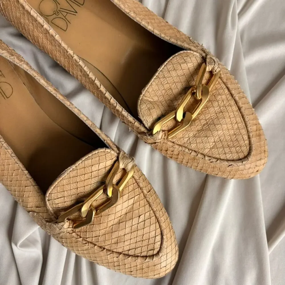 Joan & David Reptile Skin Loafers - Tan Beige, Gold Chain Detail, Size 7.5